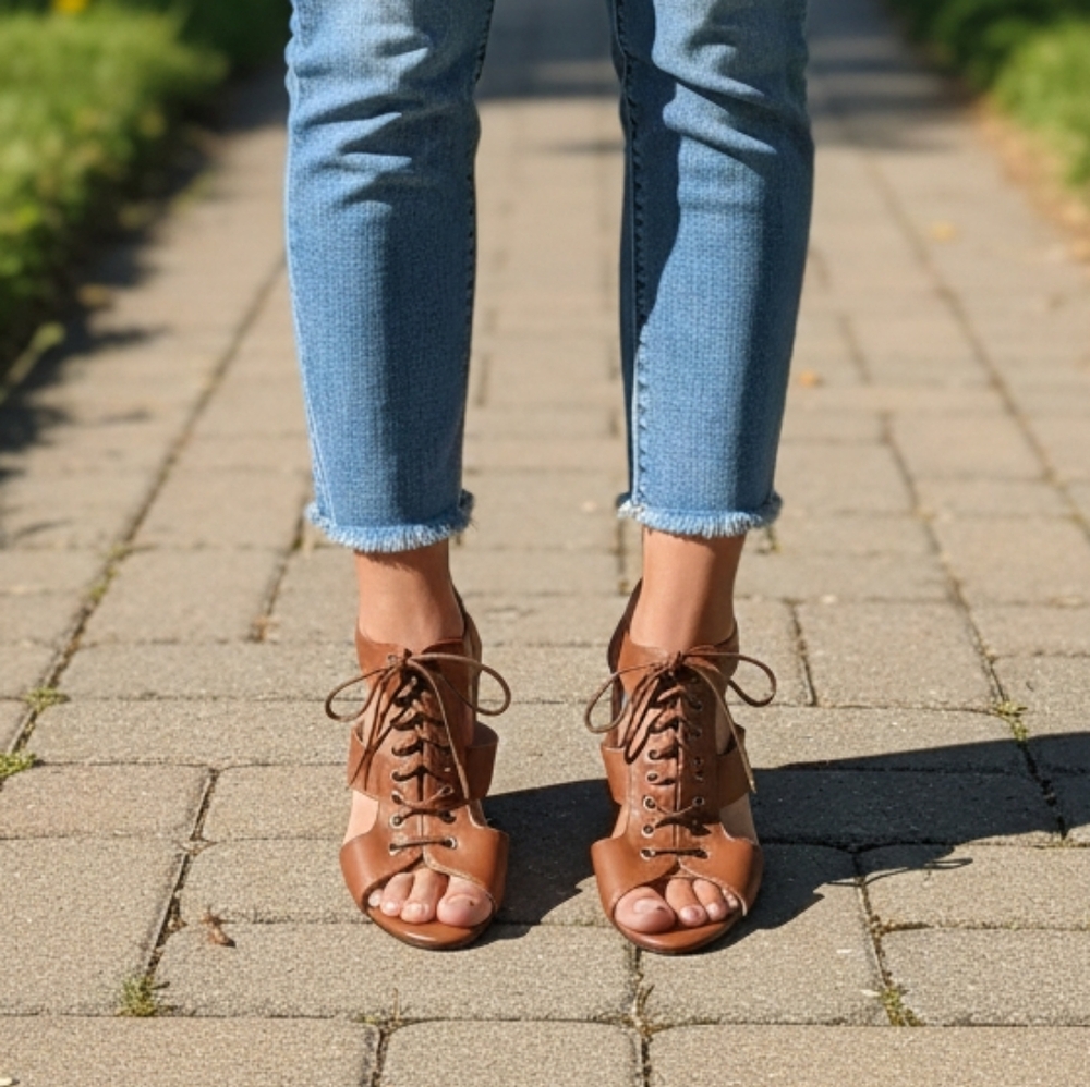 L Agence Brown Leather Lace Up Heels  9.5 Euro Summer Gladiator